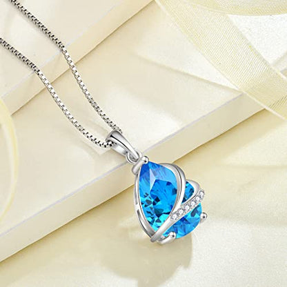 Birthstone Pendant Necklace 925 Sterling Silver Teardrop Jewelry for Women - color: Sea Blue