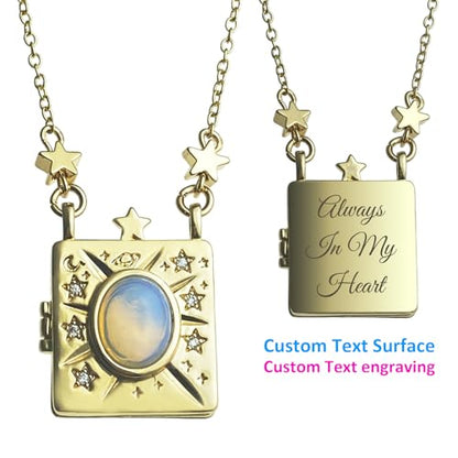 Personalized Color Print Photo Locket Custom Text Engraved Pendant Gold Tone Opal Star Moon Charm Necklace Gift - style: 1 Text (Gold-tone)
