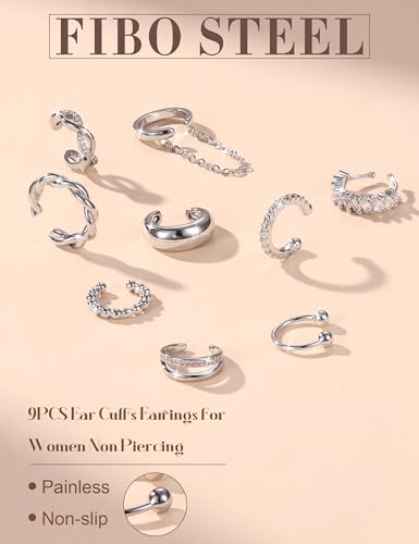 9PCS Ear Cuff Earrings for Women Non Piercing 14K Gold Plated - Hypoallergenic Adjustable Ear Cuffs Trendy Non Tarnish Clip on Cartilage Fake Earring Stacks Wrap Jewelry - color: Silver Plated