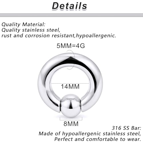 12G 10G 8G 6G 4G 2G 0G 00G Large Septum Rings Gauges Earrings Hoops 316L Surgical Steel Spring Action Captive Bead PA Ring CBR Septum Nose Rings Piercing Jewelry for Women Men - color: Silver, size: 4G=5mm Inner Dia: 9/16" (14mm)
