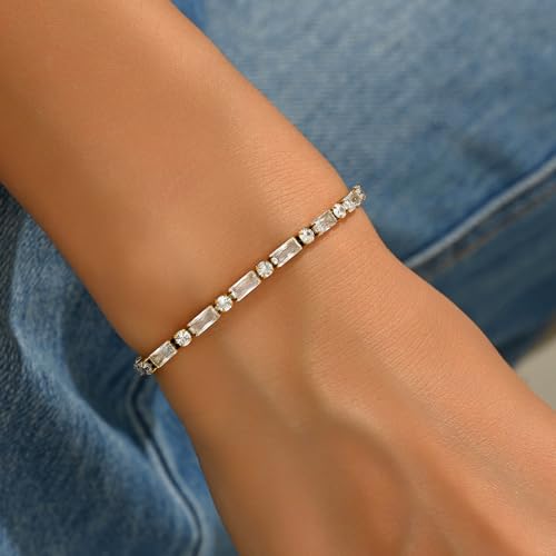18K Gold Plated Multi-Color Classic Tennis Bracelet for Women Dainty Color 3mm Rainbow Cubic Zirconia Bracelet Adjustable CZ Gold Bracelets Trendy Summer Jewelry Gift - style: White-Gold