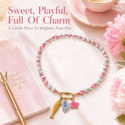 LIU JUN Colorful Beaded Necklace for Women, Chunky Boho Fish Starfish Conch Pendant Acrylic Bead Necklaces Cute Y2K Summer Beach Jewelry Gifts - color: Fish+Evil Eye