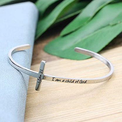 𝐂𝐫𝐨𝐬𝐬 𝐁𝐫𝐚𝐜𝐞𝐥𝐞𝐭 Religious Cuff Bangle 𝐁𝐢𝐛𝐥𝐞 𝐕𝐞𝐫𝐬𝐞 Christian Gifts Jewelry for 𝐖𝐨𝐦𝐞𝐧 - style: Silver cuff-I am a child of god -1 John 3:1
