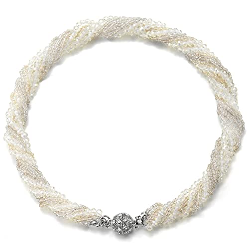 COOLSTEELANDBEYOND Multi-Layer Beads Crystal Braided Chain Choker Collar Magnetic Clasp,Statement Necklace, Bracelet - color: T-Necklace White Color