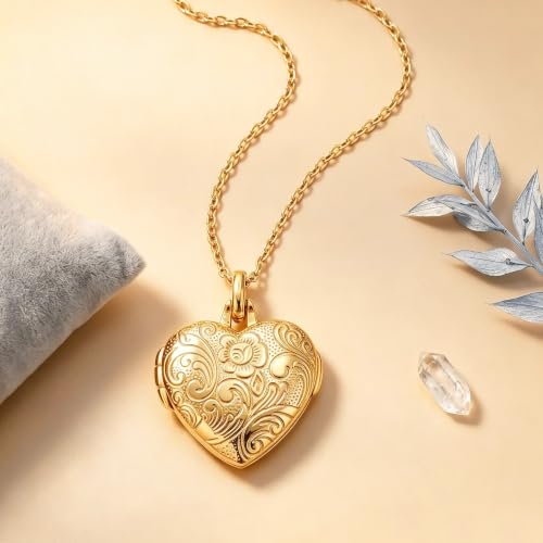 YOUFENG Love Heart Locket 14K Gold-Filled Oval Circle Rectangle Lockets that Hold Pictures Floral Patterns Necklace for Women - style: Gold Heart