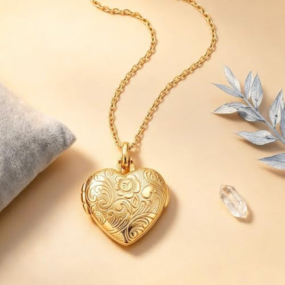 YOUFENG Love Heart Locket 14K Gold-Filled Oval Circle Rectangle Lockets that Hold Pictures Floral Patterns Necklace for Women - style: Gold Heart