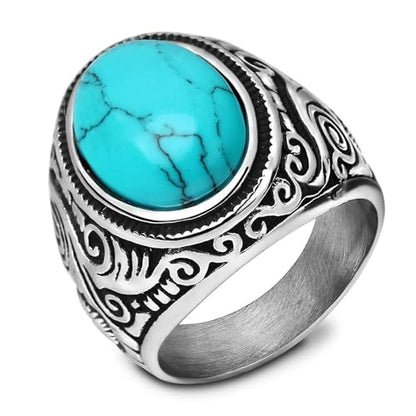 Retro Large Tiger Eye Stone Turquoise Wedding Ring For Men Classical Gothic Stainless Steel Rings - color: Silver-Turquoise2
