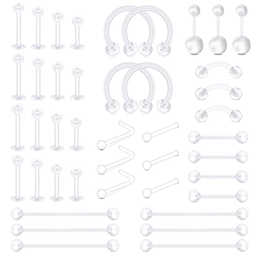 D.Bella 65pcs Mix Style Clear Piercing Retainer Flexible Lip Ear Nose Septum Eyebrow Nipple Tongue Rings Cartilage Tragus Earrings Retainer Bioflex Horseshoe Hoop Industrial Barbell - color: Style F