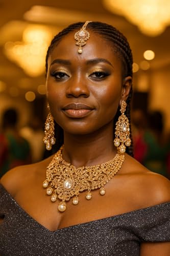 Touchstone Indian jewelry sets for women tikka wedding necklace costume guest statement bollywood rhinestones crystal faux pearls gold big royal neck piece set bridal fashion accessories - color: Gold