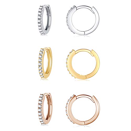 Silver Hoop Earrings for Women, 3 Pairs Small Sterling Silver Huggie Earrings | Tiny Cubic Zirconia Cartilage Cuff Earrings Hoop Piercing Jewellery for Men Teens (8mm/10mm/12mm) - color: 3 Pairs(8mm*3)-Silver/Gold/Rose gold