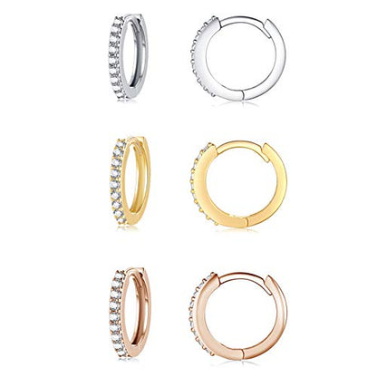 Silver Hoop Earrings for Women, 3 Pairs Small Sterling Silver Huggie Earrings | Tiny Cubic Zirconia Cartilage Cuff Earrings Hoop Piercing Jewellery for Men Teens (8mm/10mm/12mm) - color: 3 Pairs(8mm*3)-Silver/Gold/Rose gold