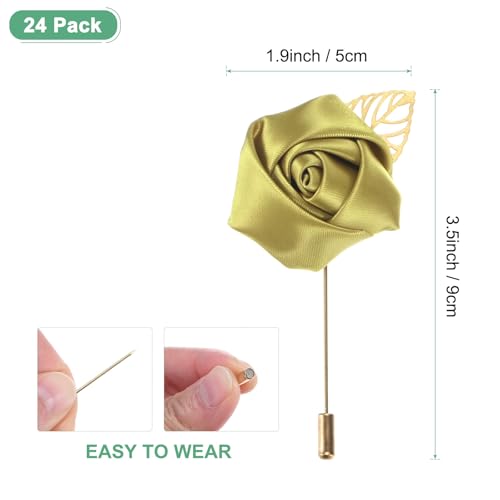 M METERXITY 24-Pack Flower Lapel Pins for Men, Golden Leaf Rose Boutonnieres Pin Groom Boutonnieres for Wedding/Dance/Party, Men Lapel Pins for Suits Satin Flower Corsage [Gold]