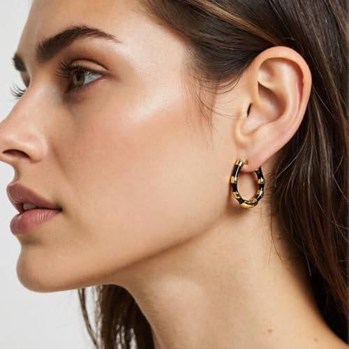 Milan Chiva 14K Gold Plated Small Huggie Dangle Earrings | Lightweight Trendy Heart Dainty Jewelry Hypoallergenic Chunky Gold Hoops Earrings Jewelry Mothers Day Gift for Women - color: E-Black