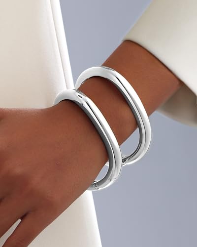 2pcs Gold Bangle Bracelets for Women, Trendy Hinged Cuff Open Wide Chunky Gold Bracelet Stack Arm Cuff Jewelry for Women - color: G-Silver Bangle