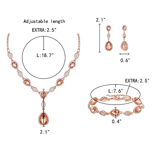 EleQueen Women's Wedding Bridal Jewelry Sets for Brides Bridesmaids, Cubic Zirconia Teardrop Necklace Tennis Bracelet Dangle Earrings Jewellery Set - color: Champagne Rose Gold-Tone
