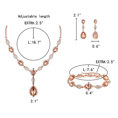 EleQueen Women's Wedding Bridal Jewelry Sets for Brides Bridesmaids, Cubic Zirconia Teardrop Necklace Tennis Bracelet Dangle Earrings Jewellery Set - color: Champagne Rose Gold-Tone