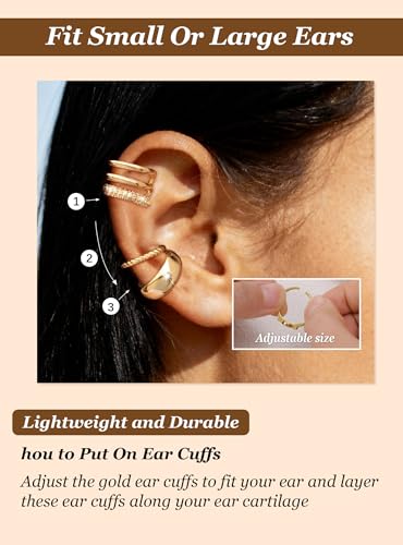 Ear Cuffs Non Piercing Hypoallergenic Gold Plated Ear Cuff Earrings for Women Trendy Clip On Cartilage Earring Set Dainty Adjustable Fake Piercings Earrings Fashion Accessories - color: F:3pcs gold ear cuff