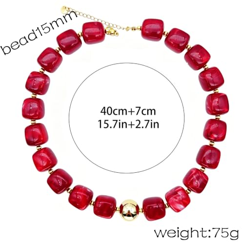 Red Beaded Necklace for Women Chunky Beaded Necklace Adjustable Acrylic Bead Choker Necklaces Big Statement Necklaces Jewelry Accessories - color: 15MMSquareBead