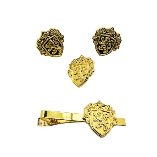 Men’s Cufflinks, Tie Bar, and Tie Pin Set – Royal Blue on Gold with Raised Lion Crest, Gift-Boxed for Business and Formal Occasions - color: Gold-tone