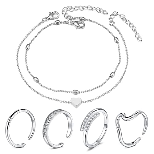 MODRSA Toe Rings for Women Toe Rings and Anklets for Women Toe Ring Adjustable Toe Rings Silver Rose Gold - color: B-toe rings +anklets- silver