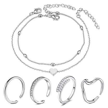 MODRSA Toe Rings for Women Toe Rings and Anklets for Women Toe Ring Adjustable Toe Rings Silver Rose Gold - color: B-toe rings +anklets- silver