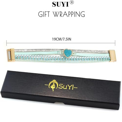 Suyi Multilayer Leather Wrap Bracelet Heart-Shape Wide Bracelets for Women - color: Light Blue 2