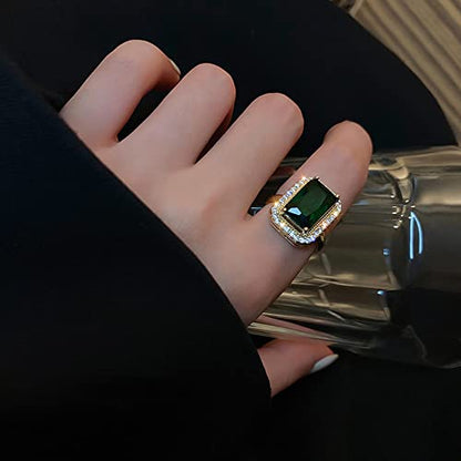 Green Gemstone Statement Ring Women's Classical Engagement Crystal Wedding Party Open Rings Cubic Zirconia Adjustable Finger Gold-Tone Plated for Women Mom Valentine's Day Anniversary Jewelry Gift