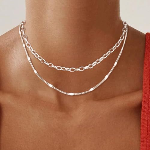 OGD Layered CZ Rondelle Pendant Necklaces for Women, 14K Gold Plated Trendy Mariner Chain Dainty Circle Rondelle Pendant Choker Necklace for Women Two-Toned Cubic Zirconia Gold Necklace - color: 3PCS-Circle-Silver
