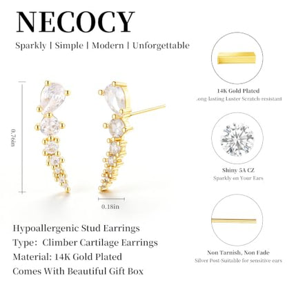 Ear Climber Earrings for Women, 14K Gold Plated/Silver Plated | Crawler Earrings Pierced with Cubic Zirconia, Hypoallergenic Cluster Stud Tragus Conch Daith Cartilage Jewelry Gift for Daily - color: Gold-4