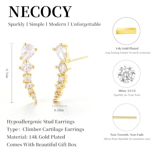 Ear Climber Earrings for Women, 14K Gold Plated/Silver Plated | Crawler Earrings Pierced with Cubic Zirconia, Hypoallergenic Cluster Stud Tragus Conch Daith Cartilage Jewelry Gift for Daily - color: Gold-4
