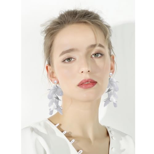 Handmade Bohemian Lightweight Fabric Flower Dangle Drop Earrings Chic Pearl Large Tassel Petal Stud Earrings For Women - color: White