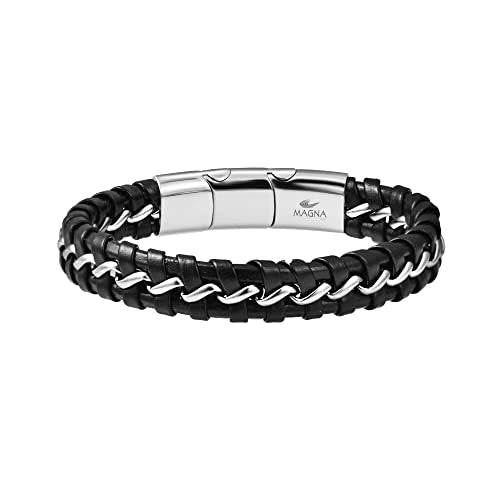Men's Braided Genuine Leather Wristband Cuff Bracelet - color: Silver