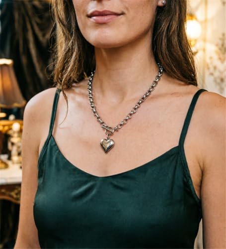 Stainless Steel Puffy Heart Pendant Round Chain Chunky Necklace - size: 18inch