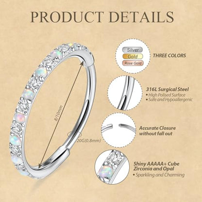 FUNLMO 20G 18G 16G 12G Nose Ring Hoop Conch Rook Daith Helix Tragus Piercing Jewelry 316L Surgical Steel Cartilage Earring Conch Hoop Earring Septum Jewelry Belly Lip Ring 5mm to 14mm - color: Silver-CZ&Opal, 1pc