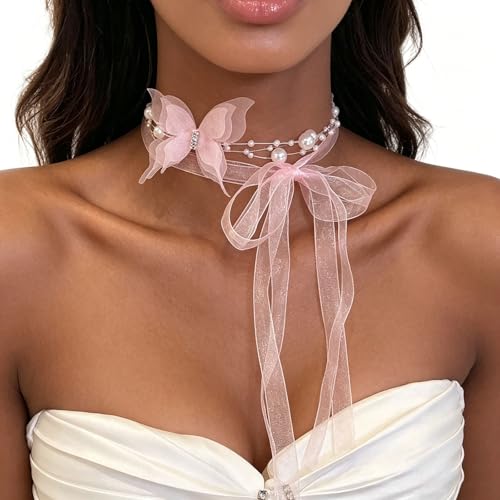 Lace Butterfly Necklace Dainty Pearl Beaded Bow Tie Ribbon Necklaces Long Elegant Lace Fairy Tassel Choker White Black Pink Blue Butterfly Choker Necklaces Cute Butterfly Jewelry Y2K Aesthetic Jewlery for Wedding Party Prom - color: Pink