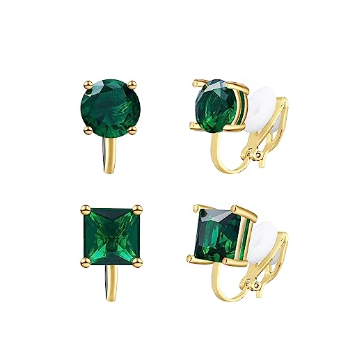 YOQUCOL 2 Pairs 8MM Cubic Zirconia Crystal Clip On Stud Earrings Non Pierced Stud Earrings For Women - color: Gold-Green