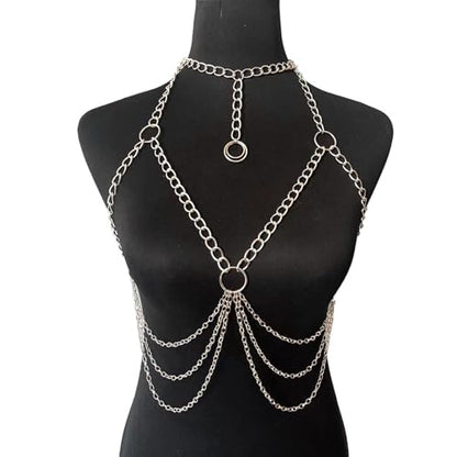 Summer Beach Metal Link Chain Bra Body Jewelry Sexy Multi-layered Crossover Harness Chest Chain Festival Bikini Waist Chain Body Jewelry for Women - color: Silver