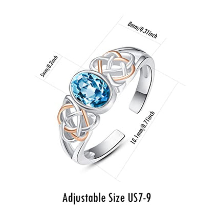 PRAYMOS 925 Sterling Silver Ring Birthstone Ring Turquoise Moss White Opal Ring for Women Celtic Knot Open Adjustable Thrumb Ring - color: Blue Topaz