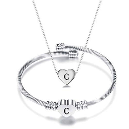 MYNENEY Necklace and Bracelet for Women Stainless Steel Initial Jewelry Set - color: Silver-C