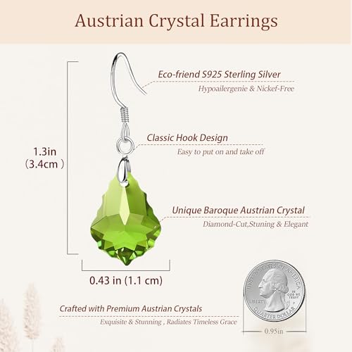 Austrian Crystal Baroque Drop Dangle Earrings for Women 925 Sterling Silver Hook Hypoallergenic Jewelry - color: Green