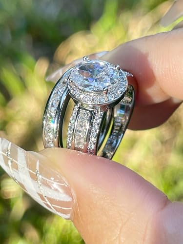 CEJUG 3Ct Princess Wedding Rings for Women Engagement Ring Set Bands 18k White Gold Plated Halo Cz Size 6-10 - color: White Oval