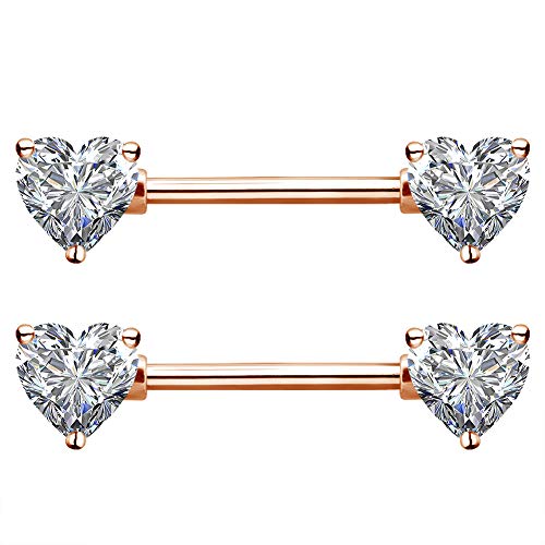 OUFER 2PCS 14G Surgical Steel Nipple Rings Barbell Heart CZ Nipple Rings Piercing for Women nippleshield Piercing Body Piercing - color: Rose Gold