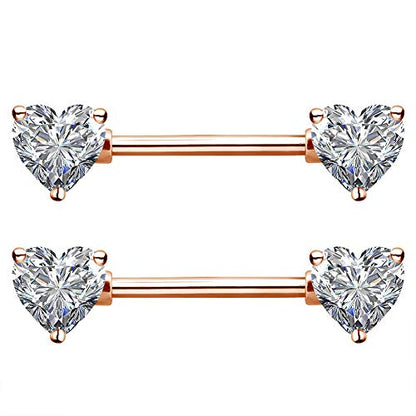 OUFER 2PCS 14G Surgical Steel Nipple Rings Barbell Heart CZ Nipple Rings Piercing for Women nippleshield Piercing Body Piercing - color: Rose Gold