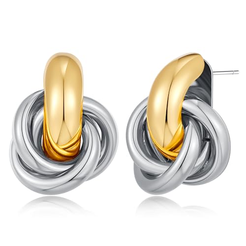 Gold Geometric Drop Dangle Earrings for Women Chunky Trendy Knot Stud Small Twisted Link Earring Jewelry Gift - color: A-Small Flower-mix metal