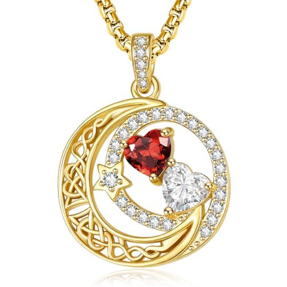 14K Gold Moon and Star Double Birthstone Necklace Gifts for Women | 2 Heart Birthstone Necklace,Mothers Day Wedding Anniversary Birthday Gifts for Wife Mom Daughter Grandma Sister - color: 01-04-Jan-Apr Birthstone