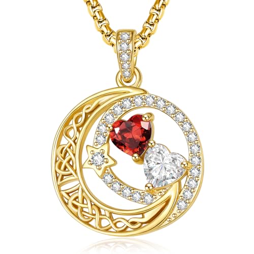 14K Gold Moon and Star Double Birthstone Necklace Gifts for Women | 2 Heart Birthstone Necklace,Mothers Day Wedding Anniversary Birthday Gifts for Wife Mom Daughter Grandma Sister - color: 01-04-Jan-Apr Birthstone
