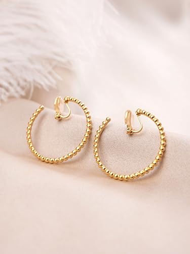 FAN&LOUIS 24K Gold Plated Hoop Clip On Earrings for Women, Gold Beaded Hoop Trendy Hypoallergenic Non Pierced Earrings Painless Lightweight 38mm Clip-On Earrings - style: Gold