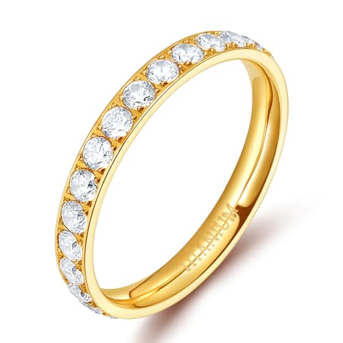 TIGRADE 3mm Women Titanium Engagement Ring Cubic Zirconia Eternity Wedding Band Size 3-13.5 - color: Gold