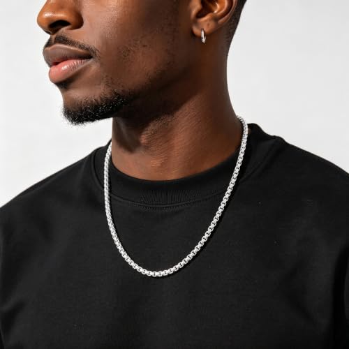 HIMSTORY Silver Chain for Men 5mm/6mm Sterling Silver Over Round Box Chain | Diamond Cut Box Chain Silver Necklace Gifts for Men Father Husband 18/20/22/24/26 Inches