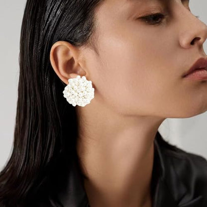 Pearl Bead Cluster Stud Earrings for Women Minimalist White Round Faux Pearls Earrings Bridal Party Jewelry